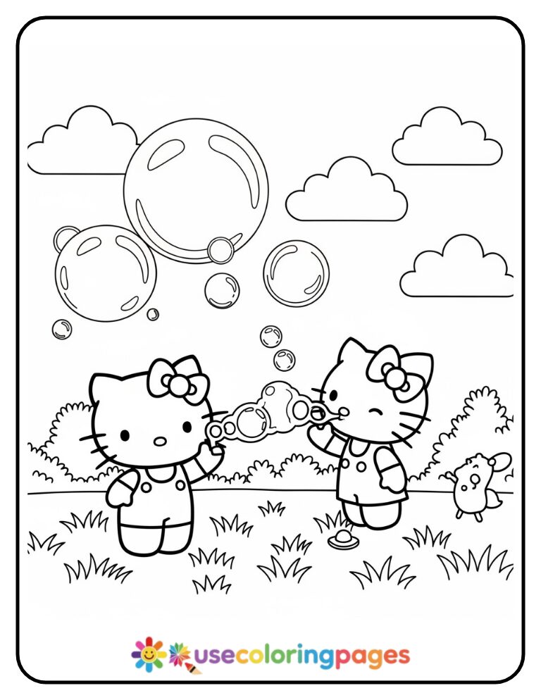 Hello Kitty Blowing Bubbles Coloring Page