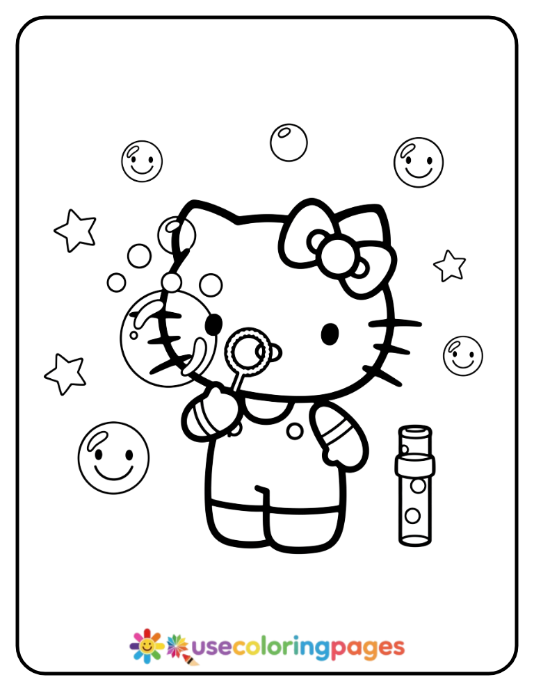 Hello Kitty Blowing Bubbles Coloring Page For Kids