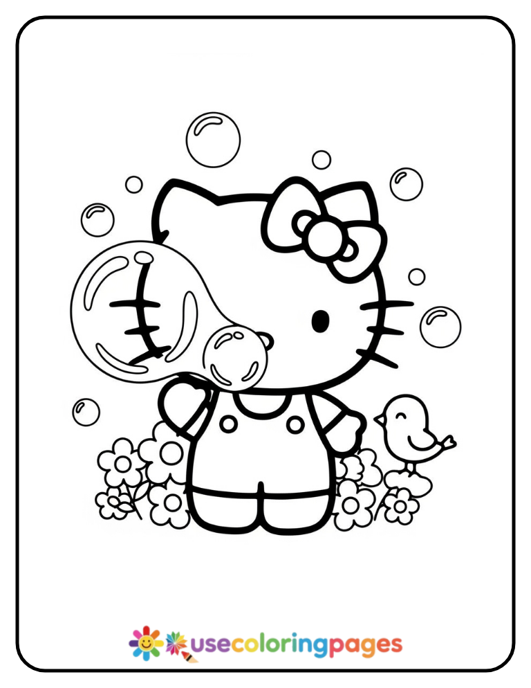 Hello Kitty Blowing Bubbles Coloring Page