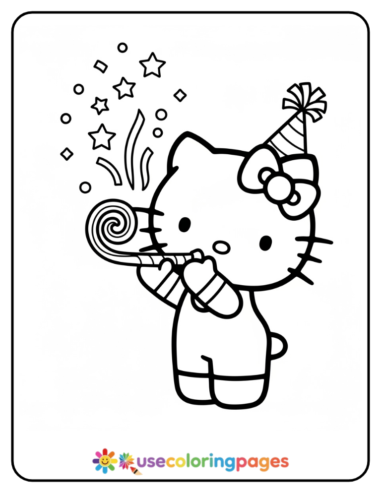 Hello Kitty Blowing Party Horn Coloring Page