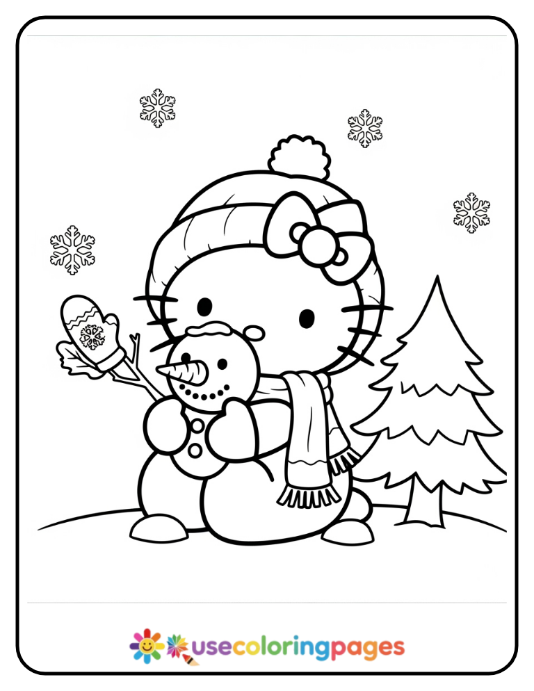 Hello Kitty Building a Snowman Coloring Page