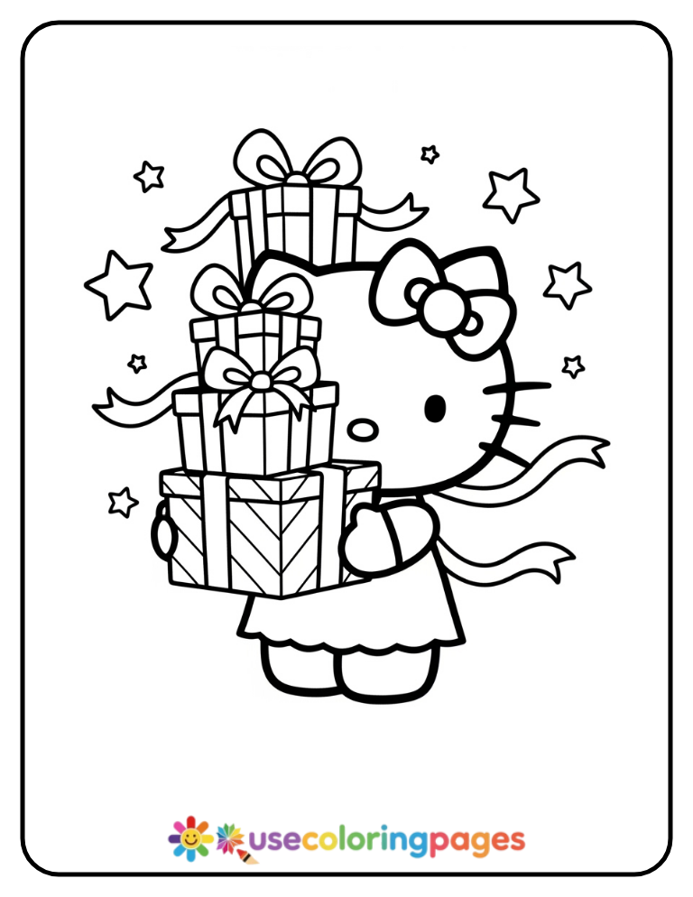 Hello Kitty Carrying Birthday Gifts Coloring Page