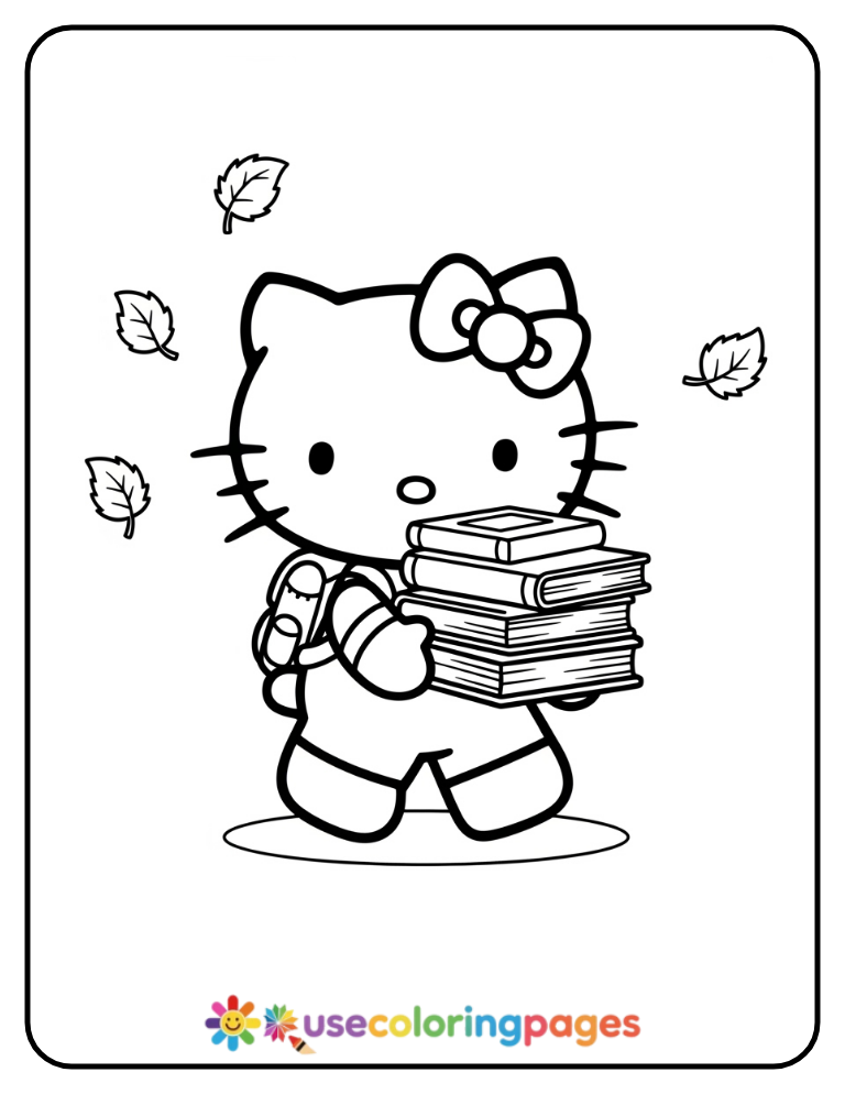 Hello Kitty Carrying School Books Coloring Page