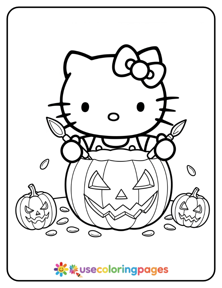 Hello Kitty Carving A Jack O’Lantern Coloring Page