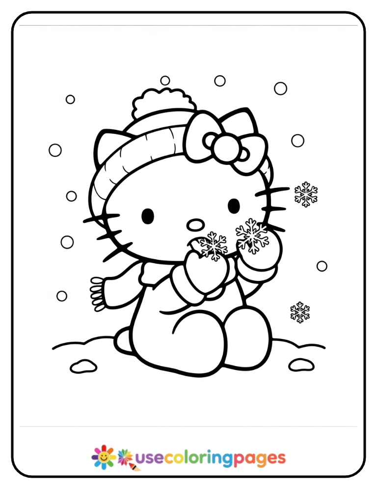 Hello Kitty Catching Snowflakes Coloring Page