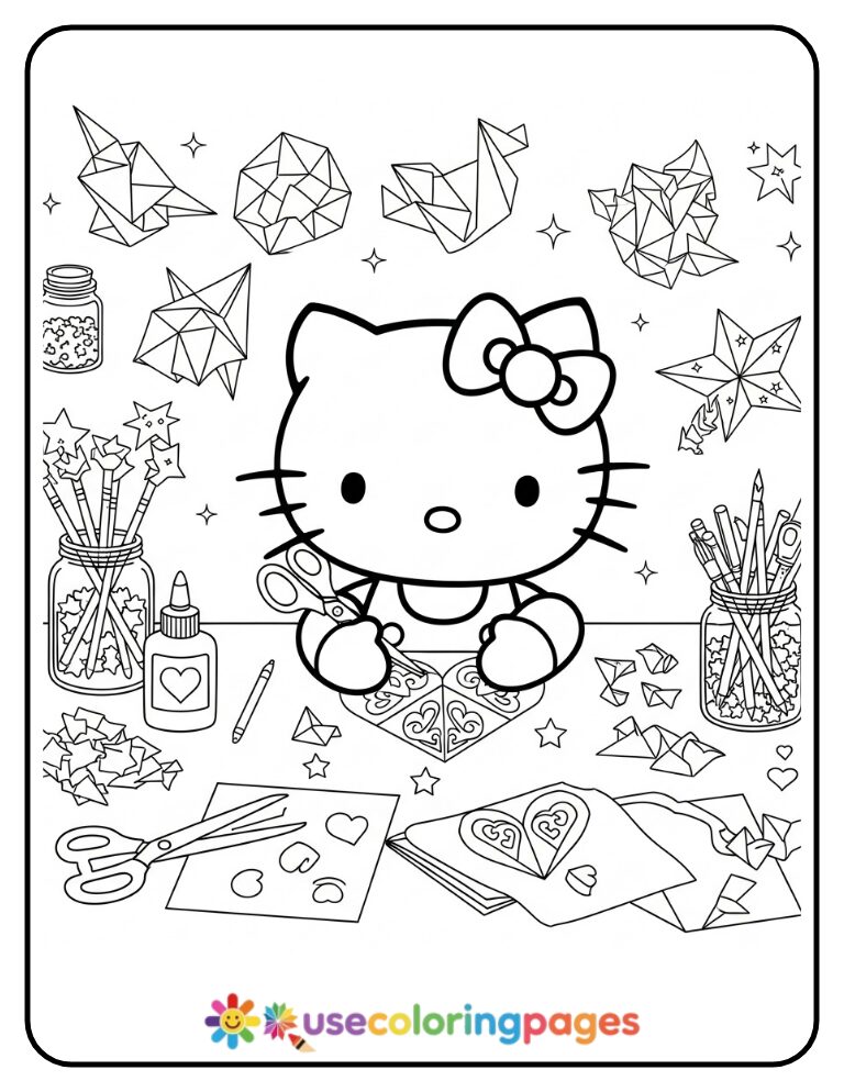 Hello Kitty Crafting With Glue And Paper Coloring Page