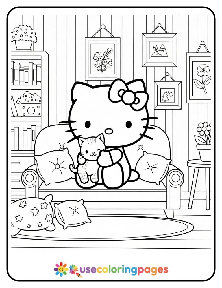 Hello Kitty Cuddling Kitten On Cozy Couch Coloring Page