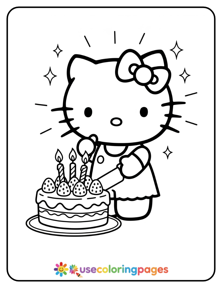 Hello Kitty Cutting the Birthday Cake Coloring Page