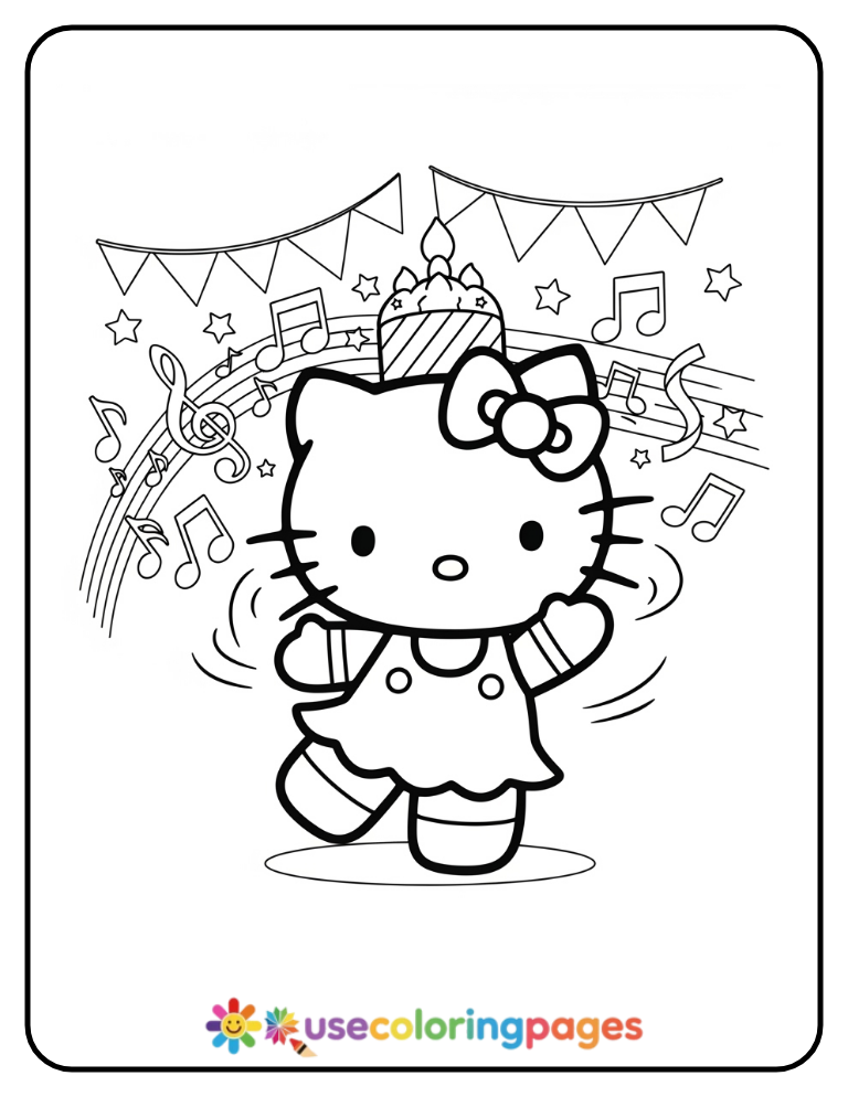 Hello Kitty Dancing at a Birthday Party Coloring Page