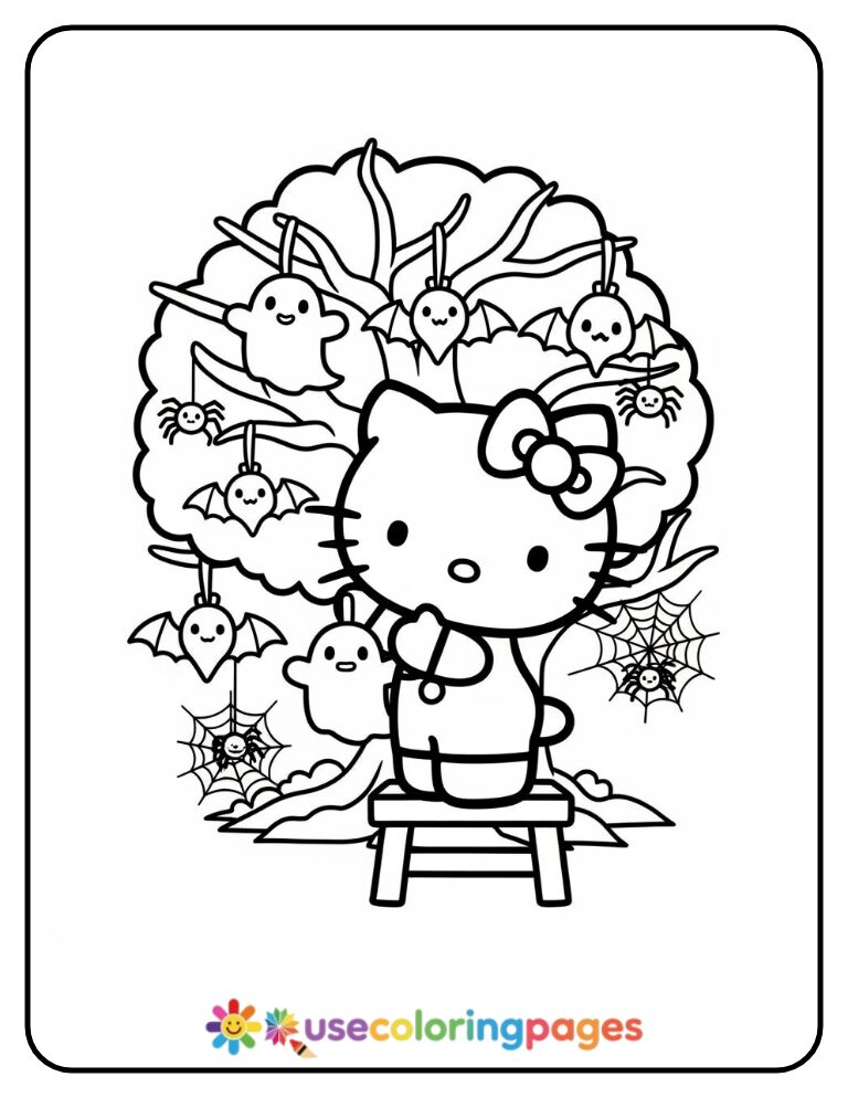 Hello Kitty Decorating A Haunted Tree Coloring Page