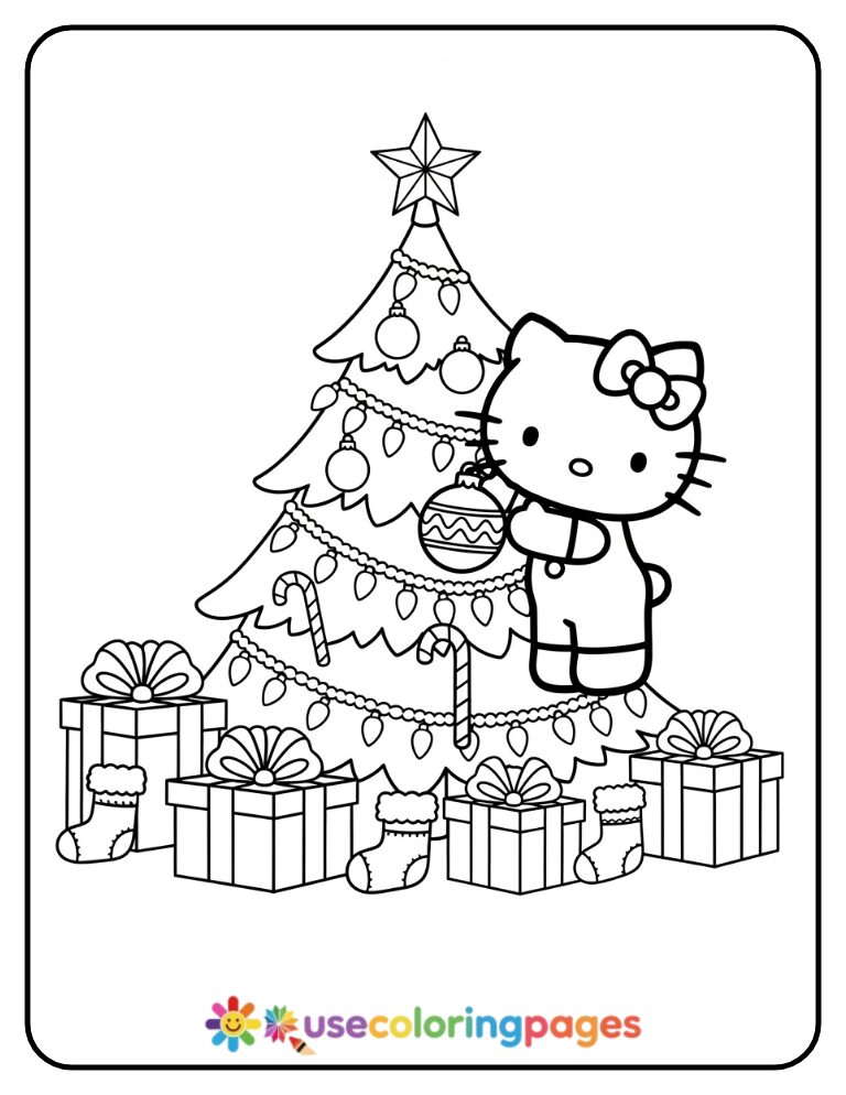 Hello Kitty Decorating Christmas Tree Coloring Page