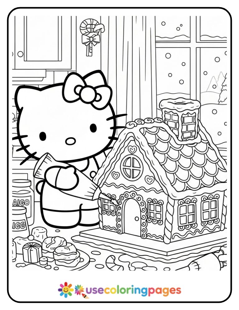 Hello Kitty Decorating Gingerbread House Coloring Page