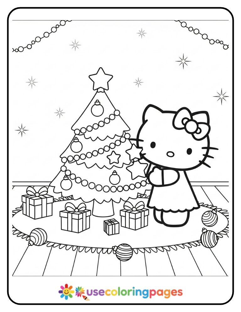 Hello Kitty Decorating Mini Tree With Stars Coloring Page