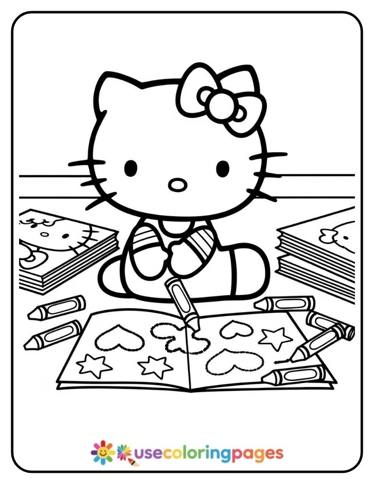 Hello Kitty Drawing With Crayons Coloring Page