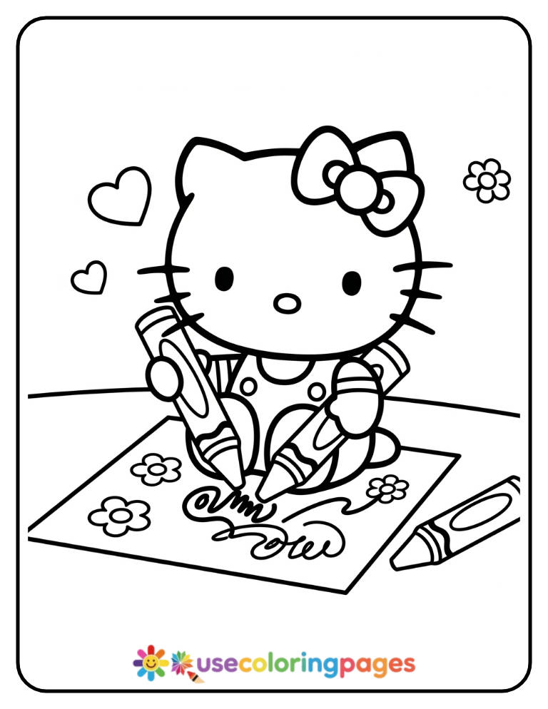 Hello Kitty Drawing with Crayons Coloring Page