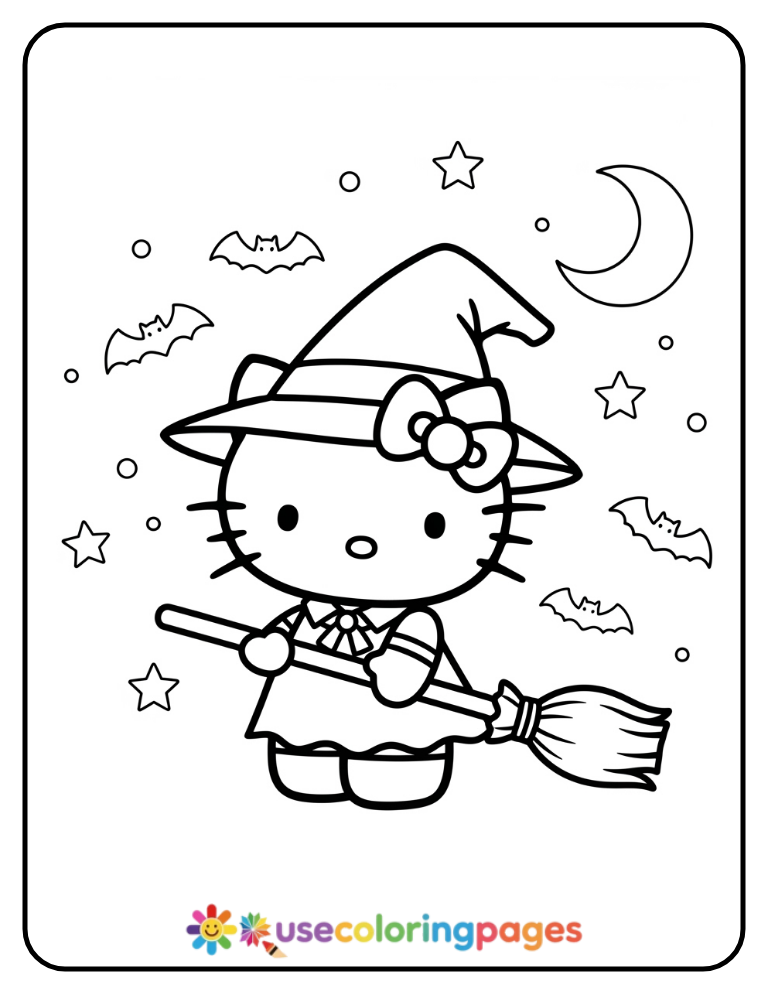 Hello Kitty Dressed As A Witch Coloring Page