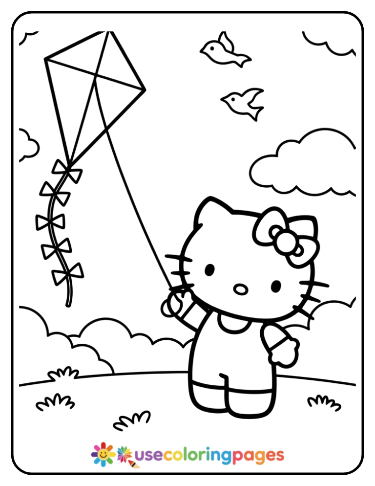Hello Kitty Flying A Kite Coloring Page For Kids