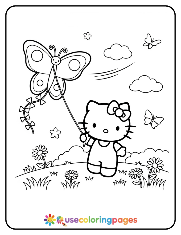 Hello Kitty Flying Kites in Spring Coloring Page