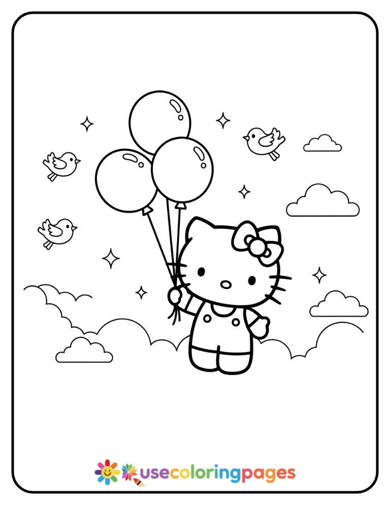 Hello Kitty Flying With Balloons Coloring Page