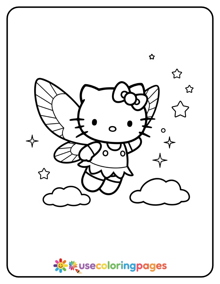 Hello Kitty Flying With Fairy Wings Coloring Page