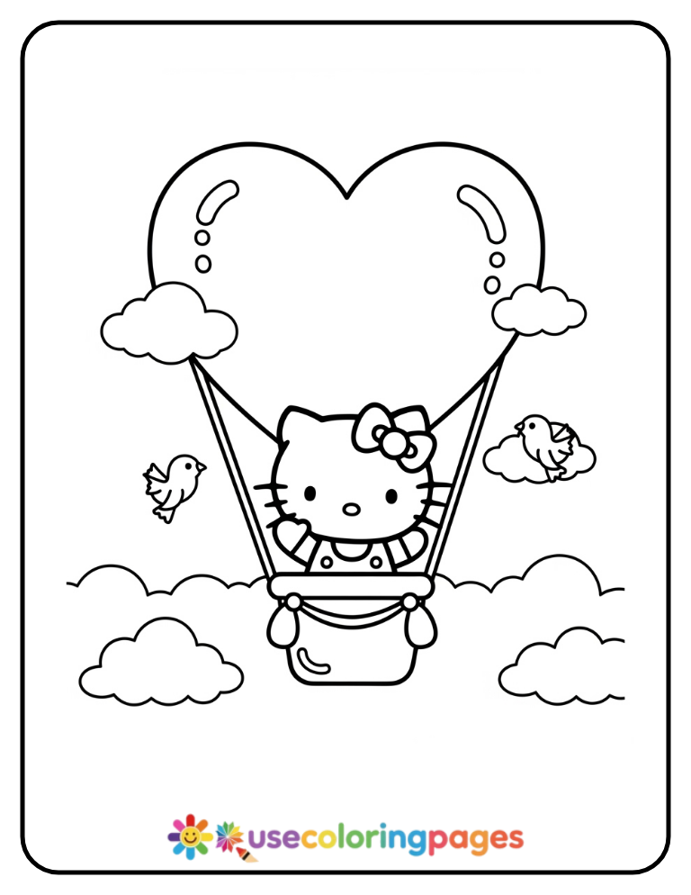 Hello Kitty Flying in a Hot Air Balloon Coloring Page