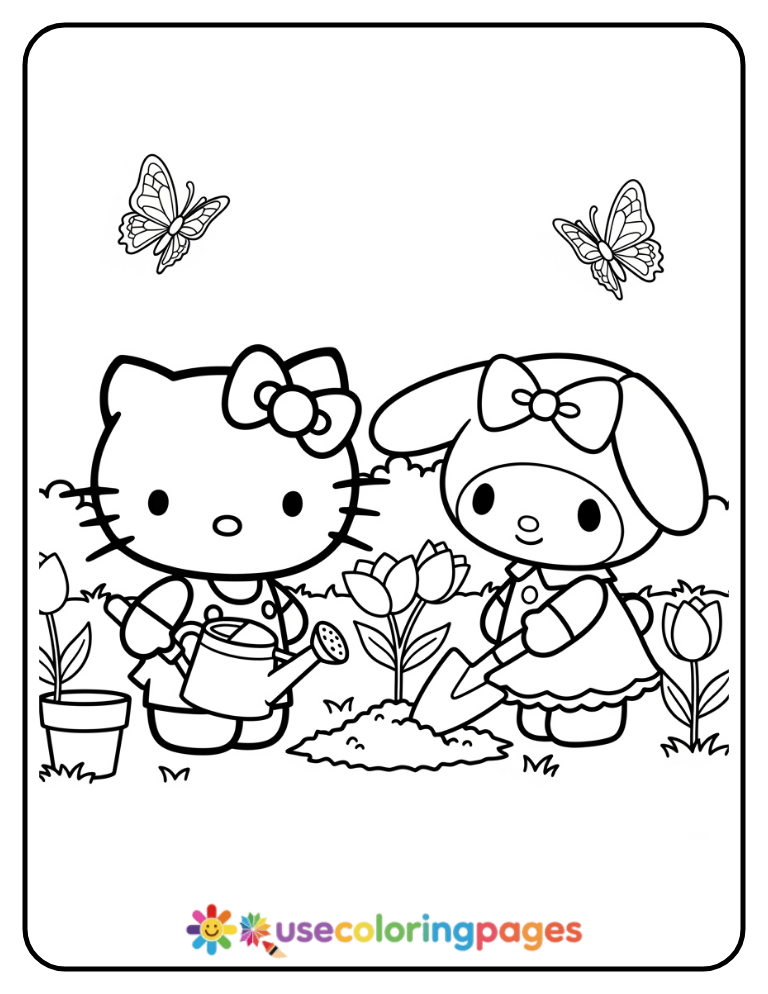 Hello Kitty Gardening With My Melody Coloring Page