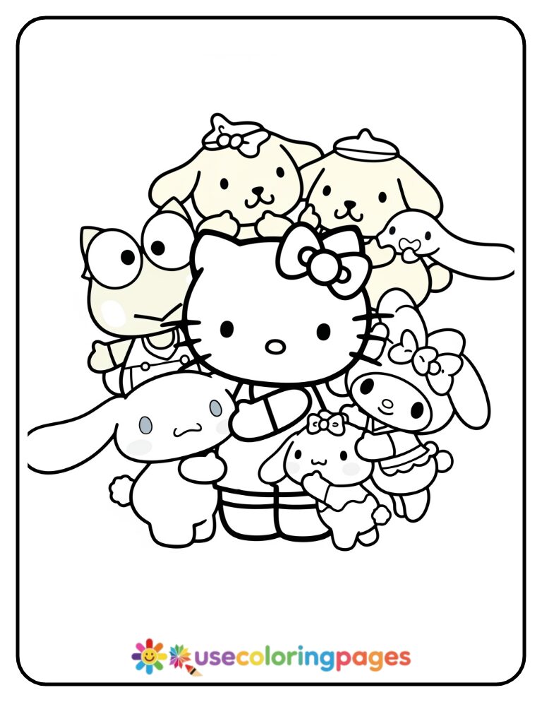 Hello Kitty Group Hug Coloring Page