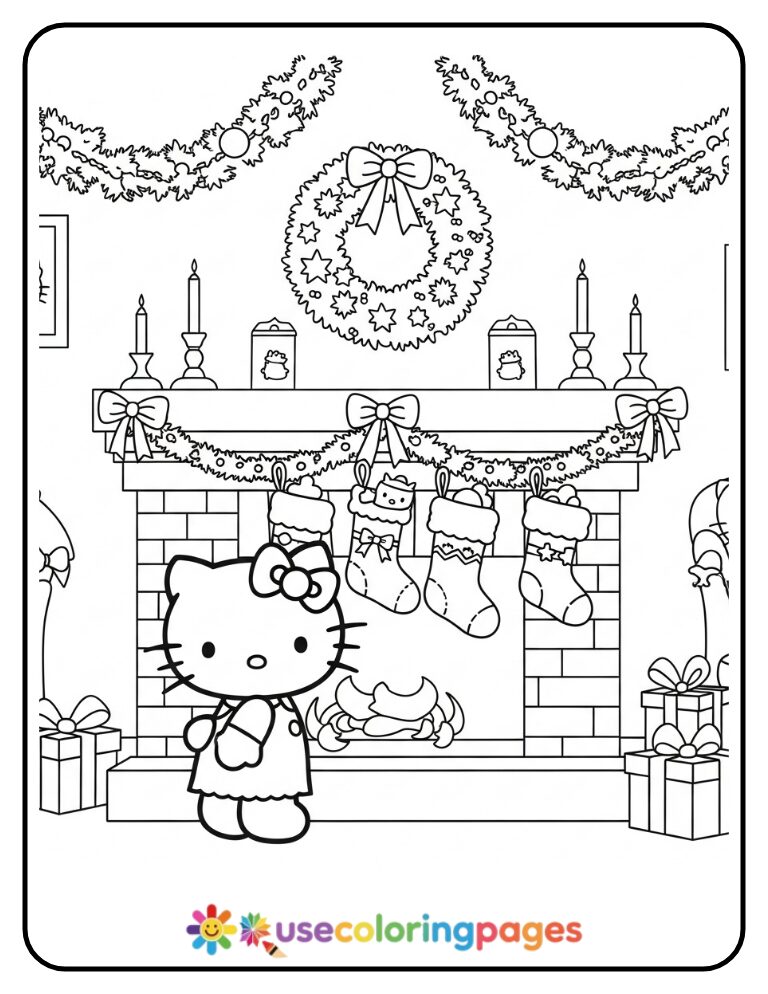 Hello Kitty Hanging Stockings On Fireplace Coloring Page