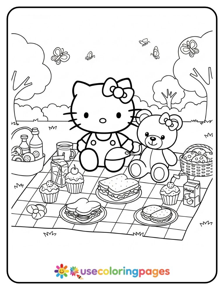 Hello Kitty Having Picnic With Bear Coloring Page