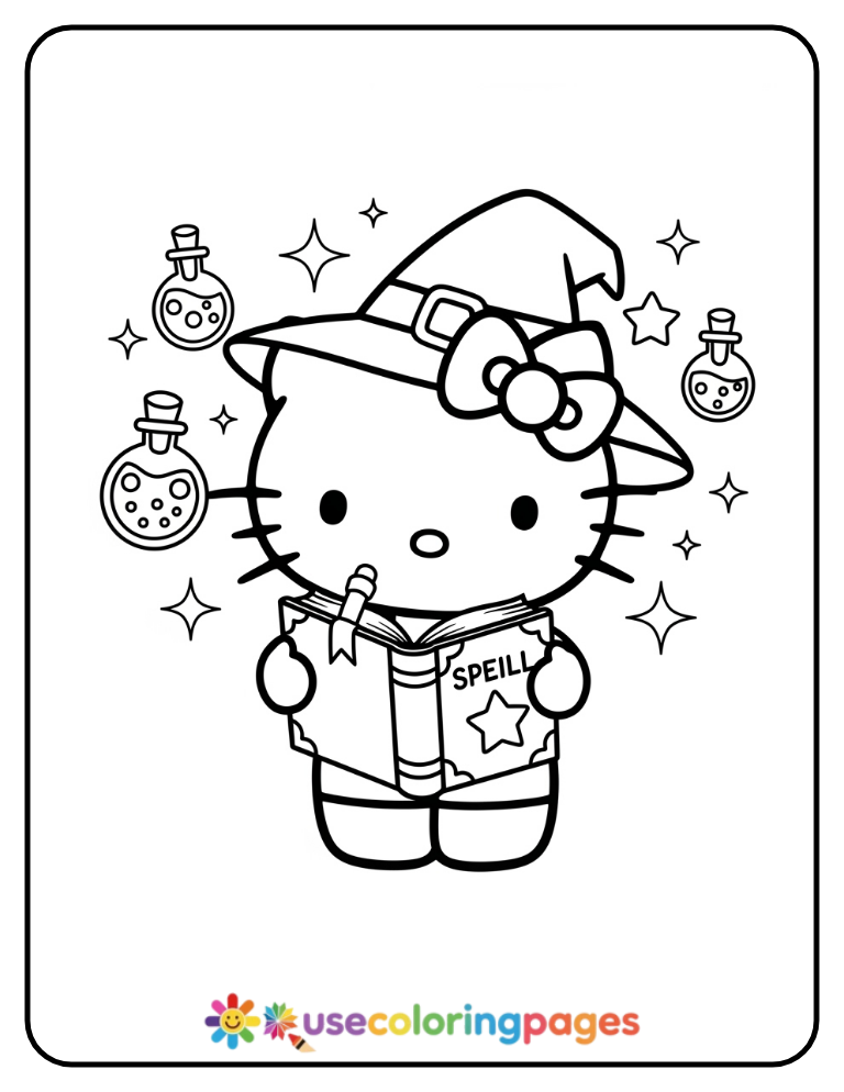 Hello Kitty Holding A Magic Spell Book Coloring Page