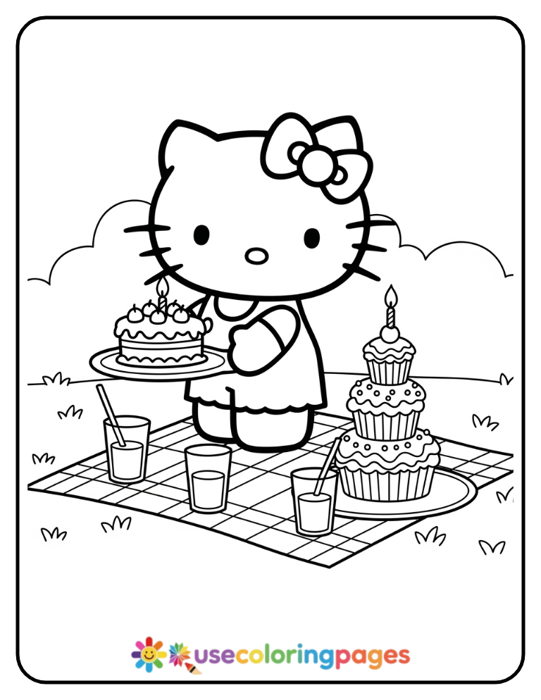Hello Kitty Hosting a Picnic Birthday Coloring Page