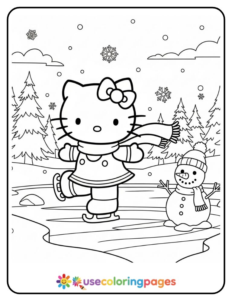 Hello Kitty Ice Skating On Frozen Lake Coloring Page