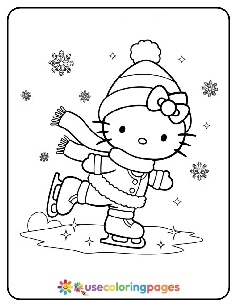Hello Kitty Ice Skating in Winter Coloring Page