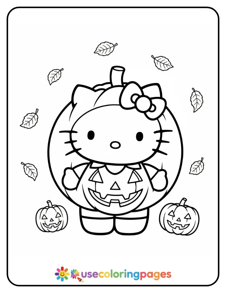 Hello Kitty In A Pumpkin Costume Coloring Page