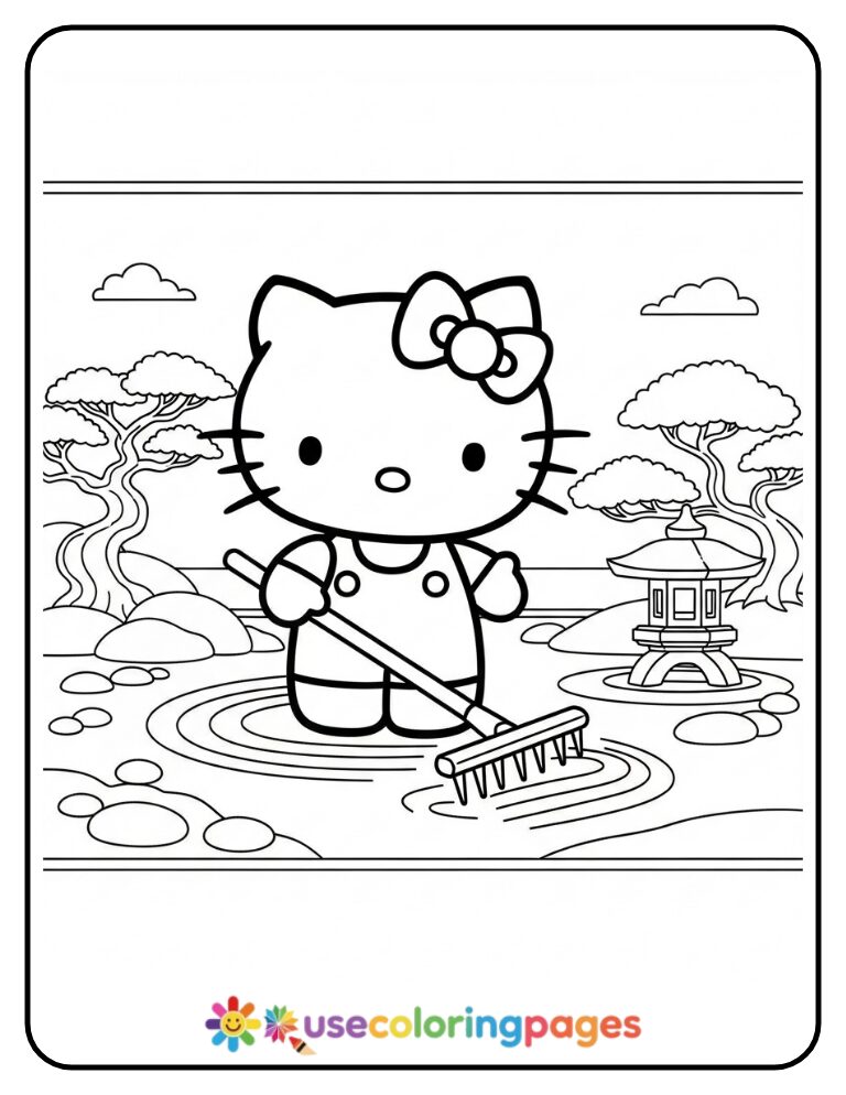 Hello Kitty In A Zen Garden Coloring Page