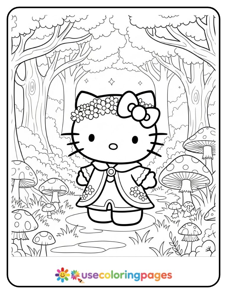 Hello Kitty In Enchanted Forest Coloring Page