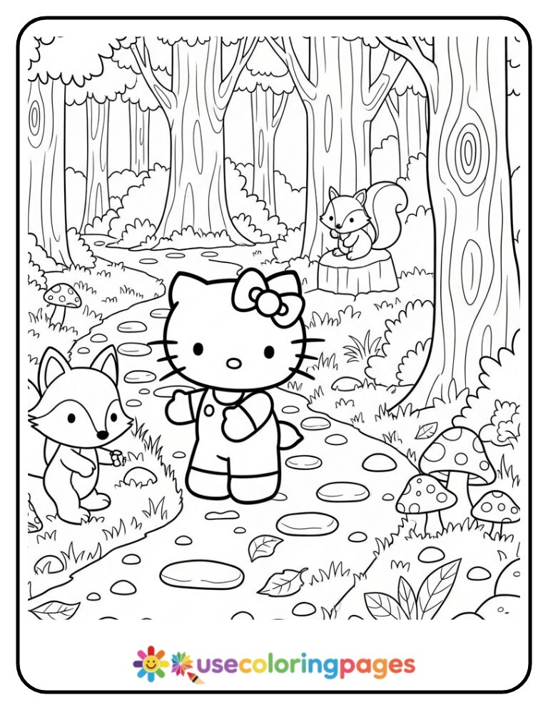 Hello Kitty In Forest With Fox And Squirrel Coloring Page
