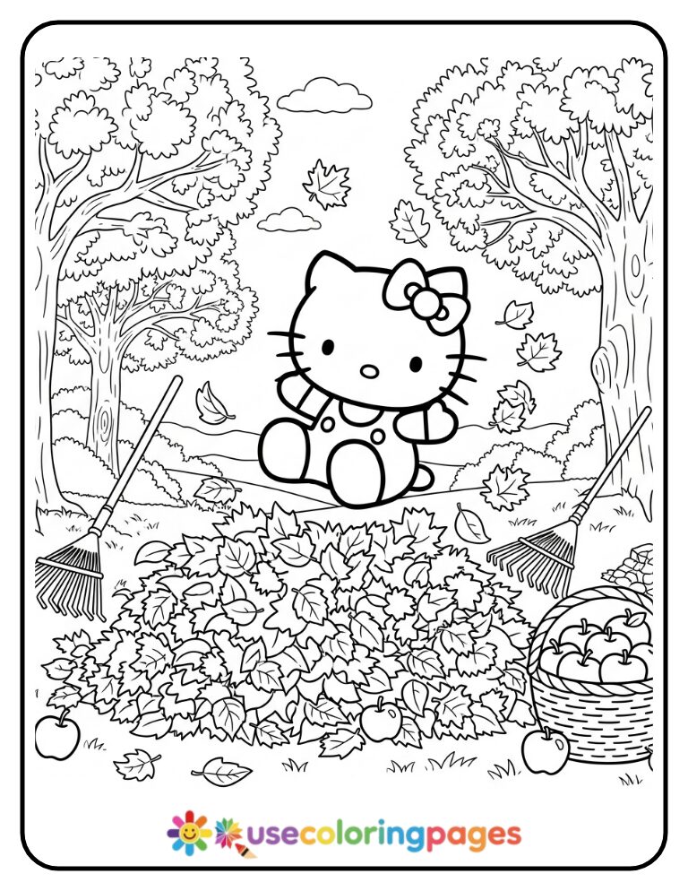 Hello Kitty Jumping In Leaves Coloring Page