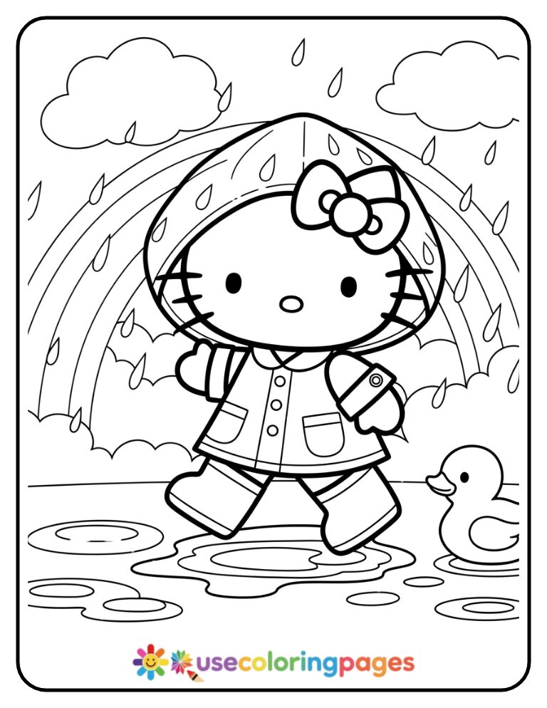 Hello Kitty Jumping In Rain Puddles Coloring Page