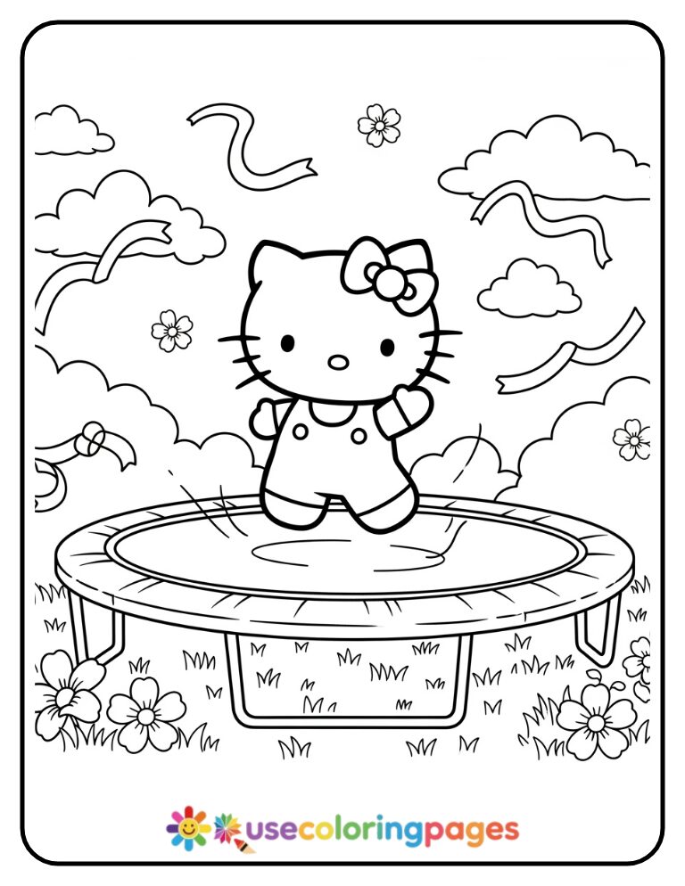 Hello Kitty Jumping On Trampoline Coloring Page