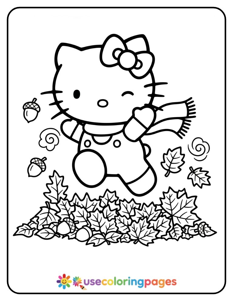 Hello Kitty Jumping in Autumn Leaves Coloring Page