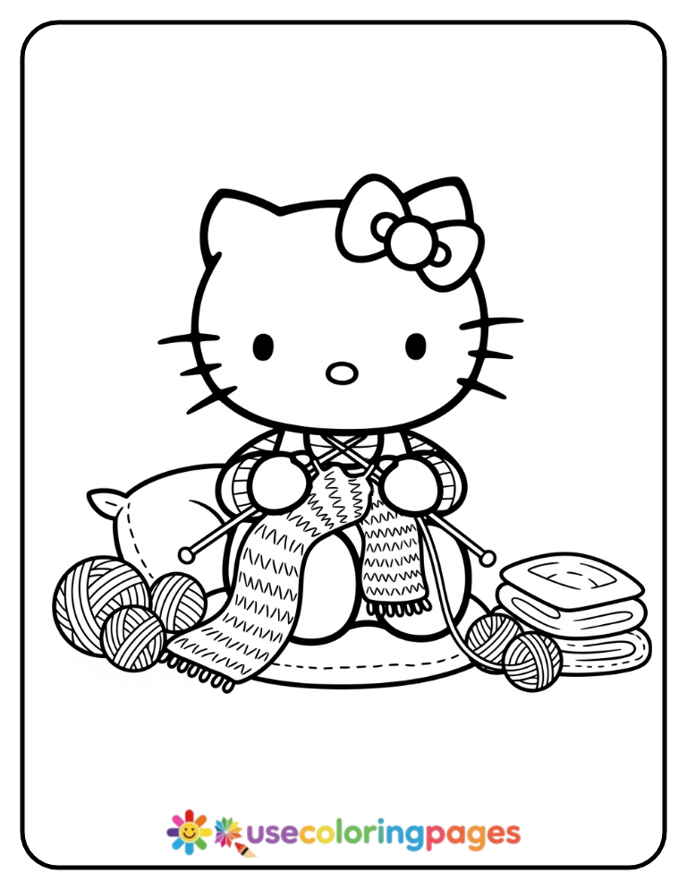 Hello Kitty Knitting A Scarf Coloring Page
