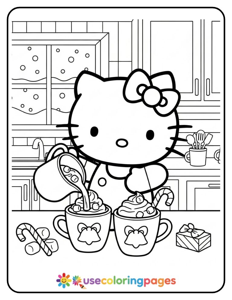 Hello Kitty Making Hot Cocoa Coloring Page
