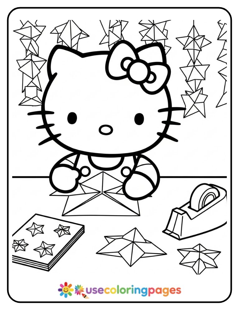Hello Kitty Making Origami Stars Coloring Page