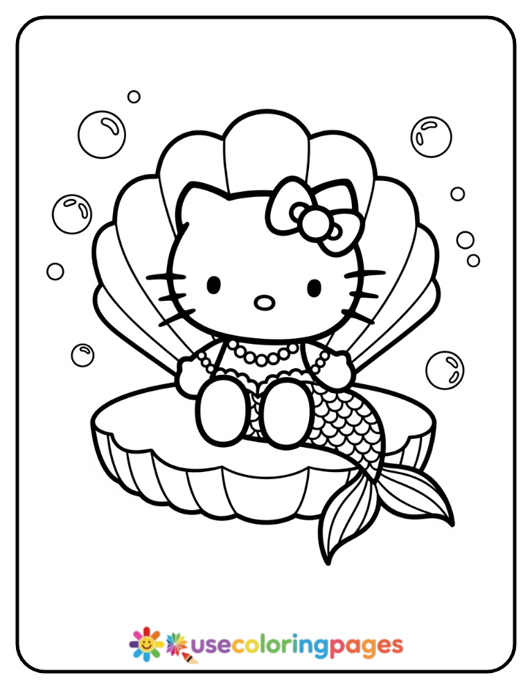 Hello Kitty Mermaid On Seashell Throne Coloring Page