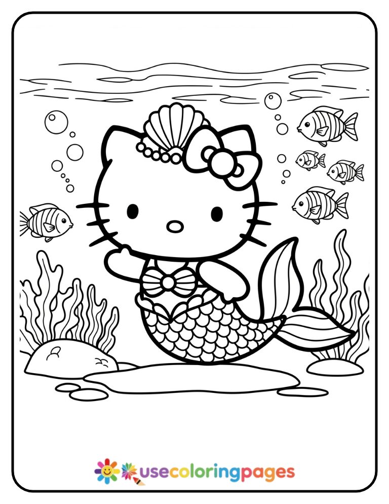 Hello Kitty Mermaid Swimming With Fish Coloring Page