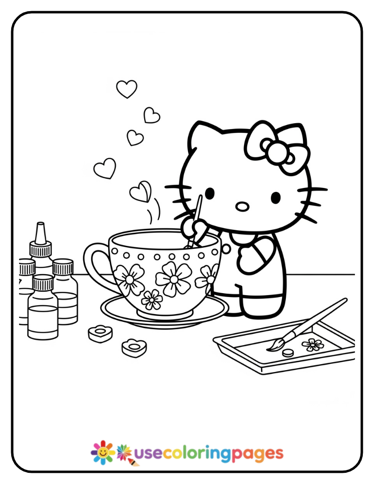 Hello Kitty Painting Ceramic Cup Coloring Page