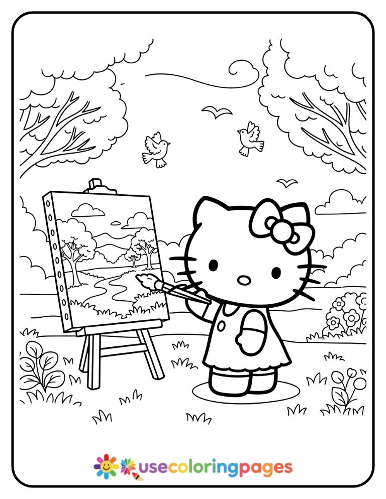 Hello Kitty Painting Nature Scenes Coloring Page