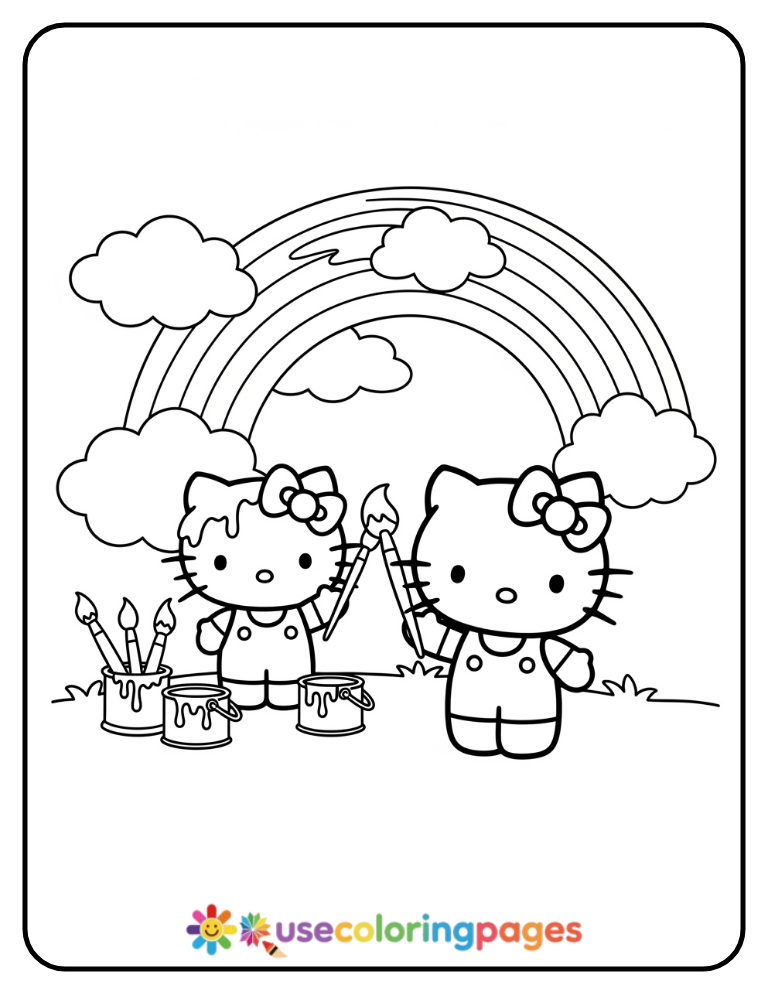 Hello Kitty Painting a Rainbow Coloring Page For Kids