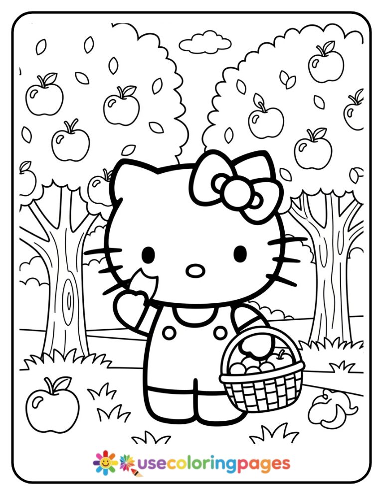 Hello Kitty Picking Apples Coloring Page For Kids